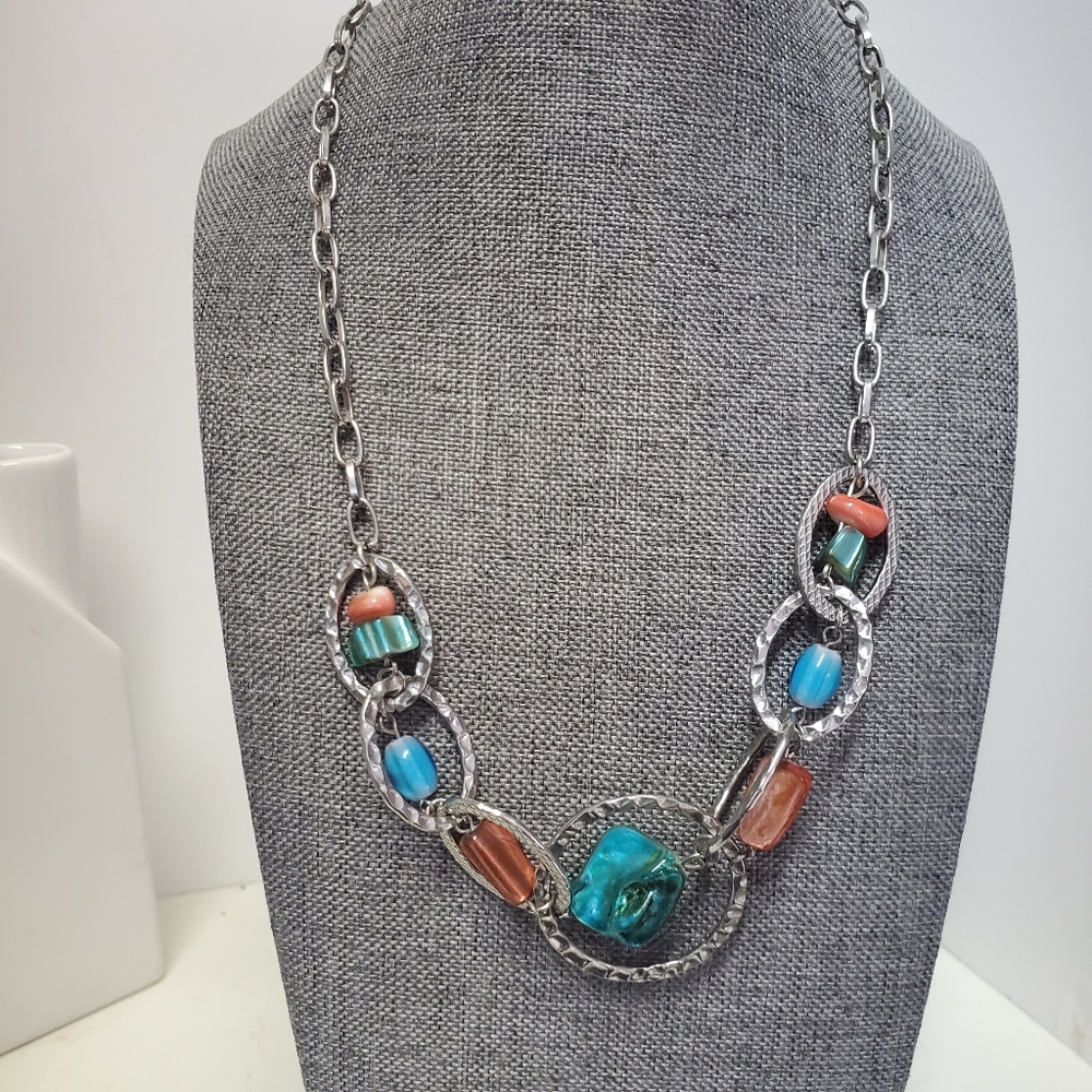 Silver toned chain necklace turquoise coral